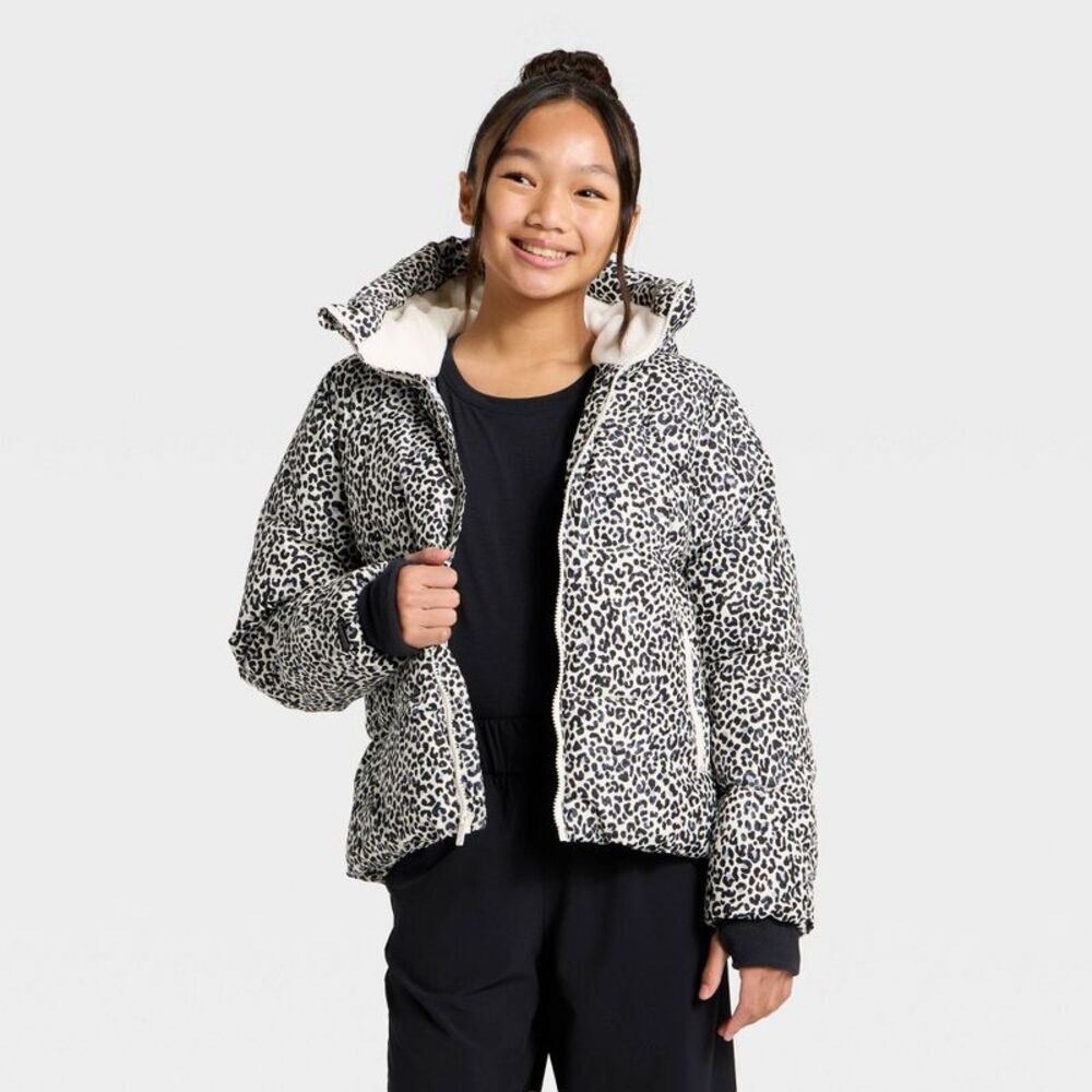 Girls' Leopard Printed Puffer Jacket - All In Motion Cream XL